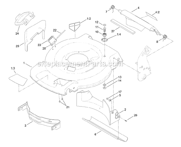 Housing And Rear Deflector Assembly Diagram and Parts List for 20377 2012 Toro Lawn Mower