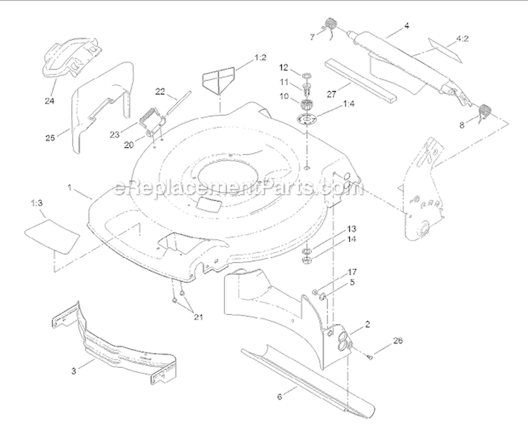 Housing And Rear Deflector Assembly Diagram and Parts List for 20377 2014 Toro Lawn Mower