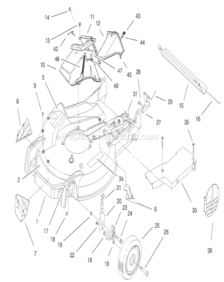 Deck Assembly and Front Wheel Assembly Diagram and Parts List for 20474 6900001-6999999 - 1996 Toro Lawn Mower