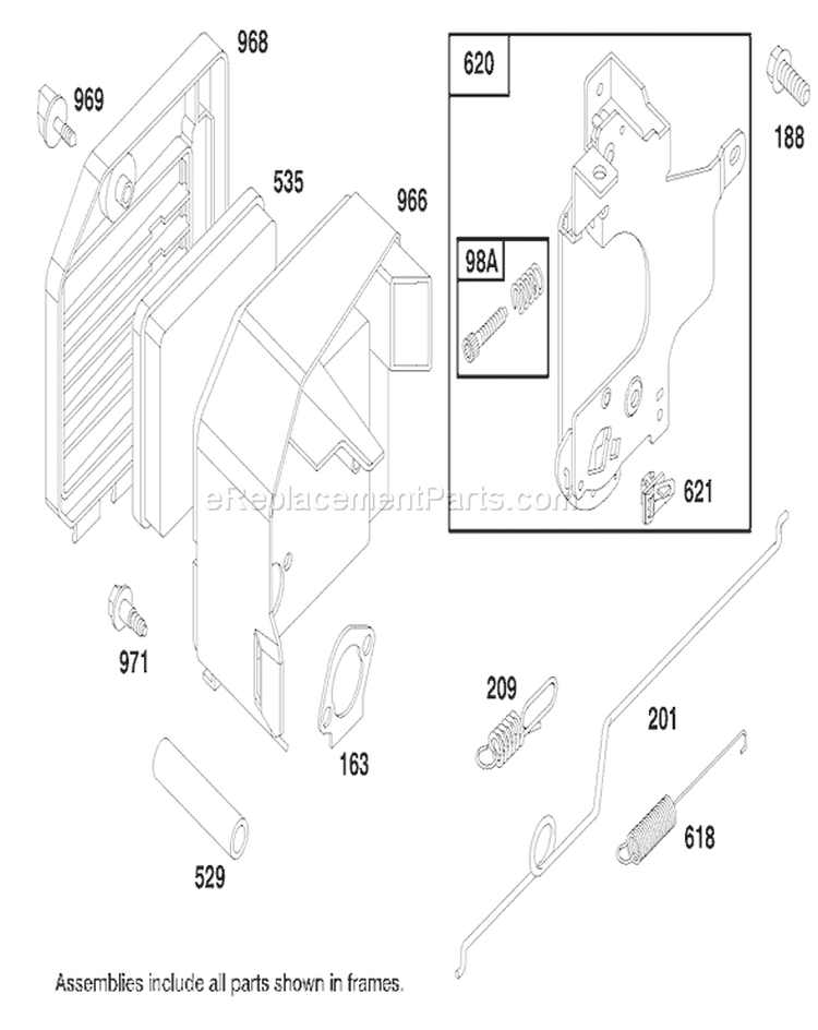Air Filter Assembly and Governor Diagram and Parts List for 20474 6900001-6999999 - 1996 Toro Lawn Mower