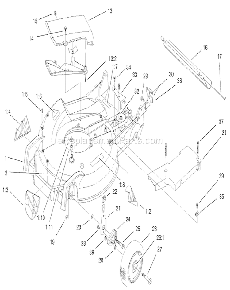 Housing, Handle Bracket And Wheel Assembly Diagram and Parts List for 20487 210000001-210999999 - 2001 Toro Lawn Mower