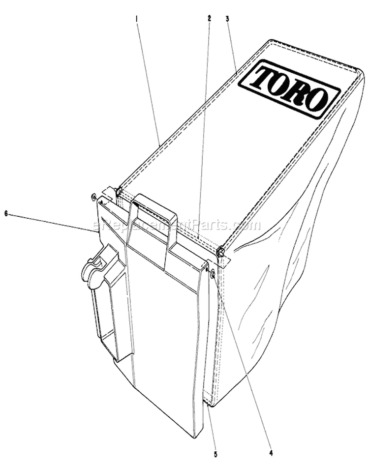 Grass Bag Assembly Diagram and Parts List for 20574 6000001-6999999 - 1986 Toro Lawn Mower