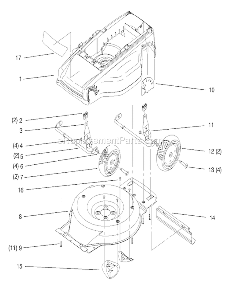 Deck, Liner and Wheel Assembly Diagram and Parts List for 20646 89000001-89999999 - 1998 Toro Lawn Mower