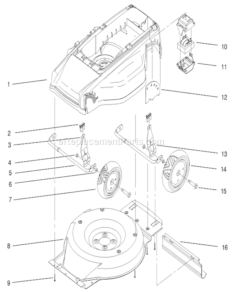 Deck, Liner and Wheel Assembly Diagram and Parts List for 20647 7900001-7999999 - 1997 Toro Lawn Mower