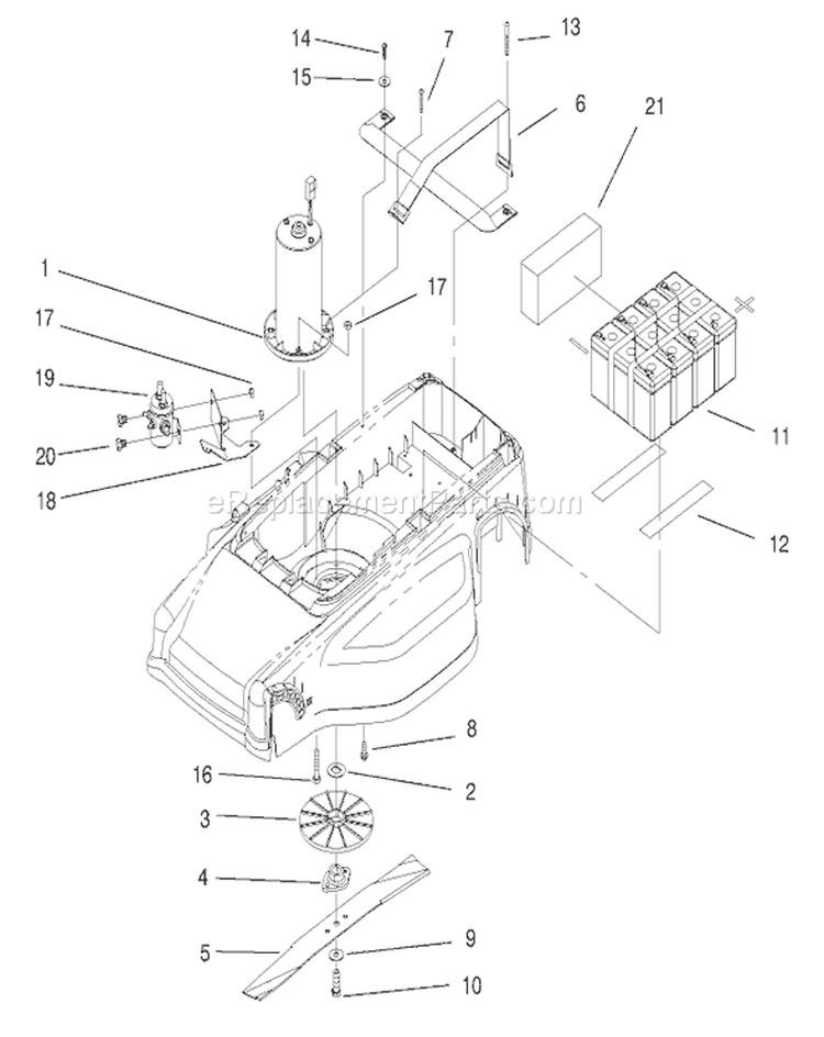 Motor, Batteries and Blade Assembly Diagram and Parts List for 20648 89000001-89999999 - 1998 Toro Lawn Mower