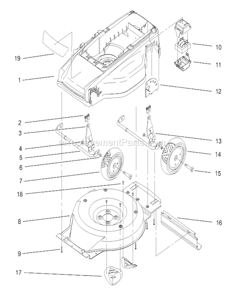 Deck, Liner and Wheel Assembly Diagram and Parts List for 20650 99000001-99999999 - 1999 Toro Lawn Mower