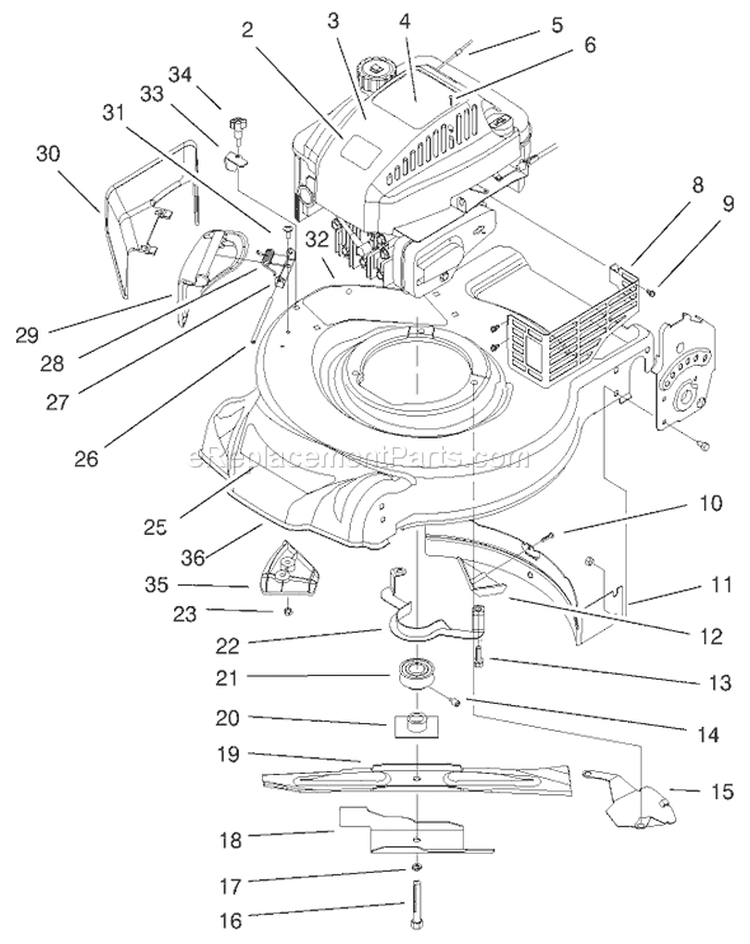 Engine and Blade Assembly Diagram and Parts List for 20651 9900001-9999999 - 1999 Toro Lawn Mower