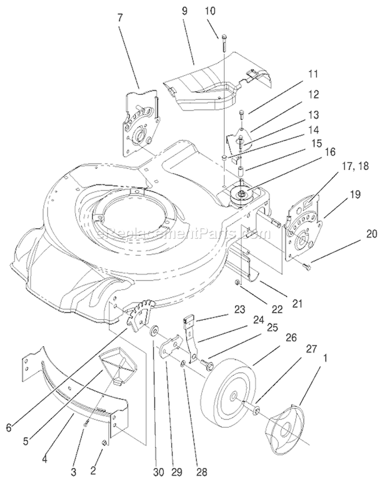 Housing, Handle Brackets and Wheel Assembly Diagram and Parts List for 20652 200000001-200999999 - 2000 Toro Lawn Mower