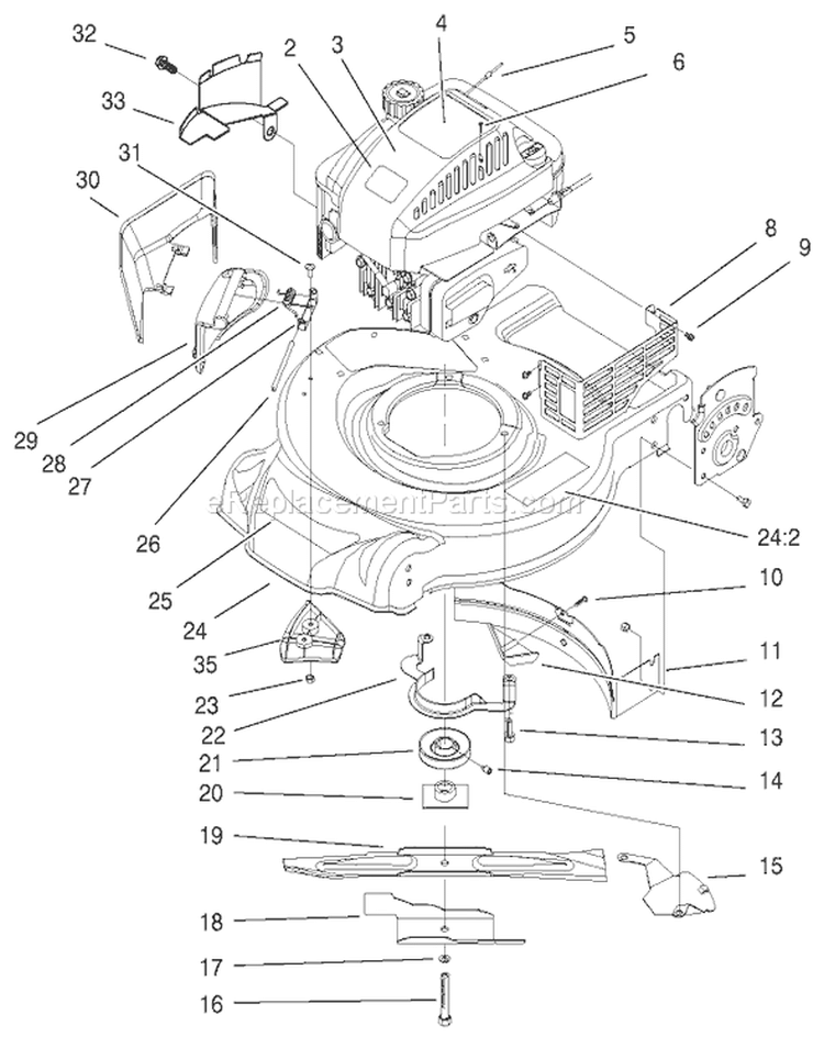 Engine and Blade Assembly Diagram and Parts List for 20652 200000001-200999999 - 2000 Toro Lawn Mower