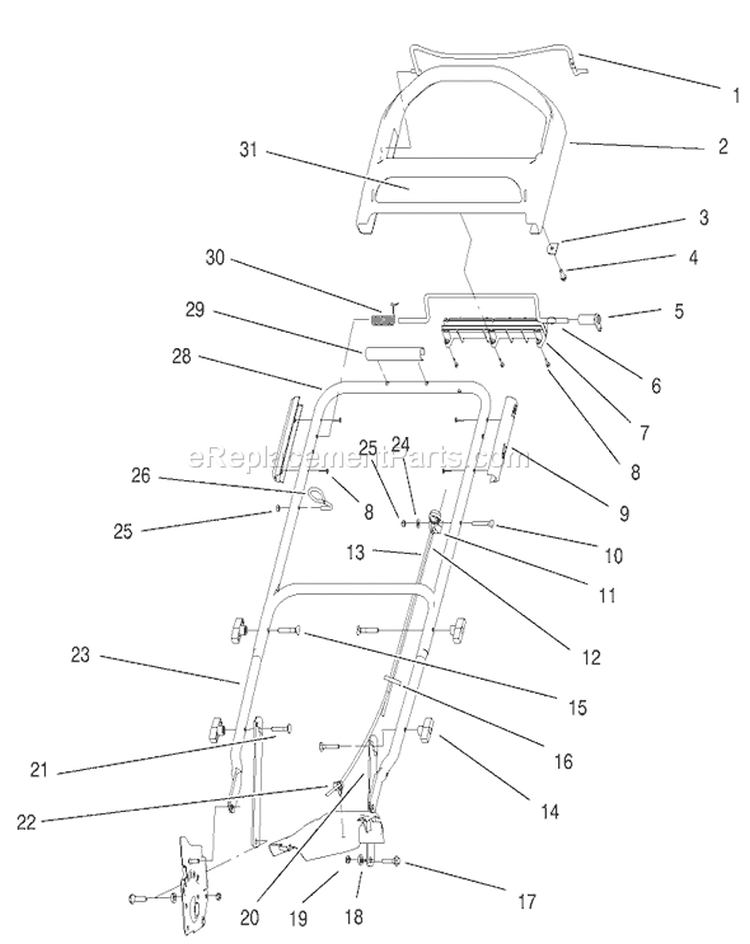 Handle and Controls Assembly Diagram and Parts List for 20653 200000001-200999999 - 2000 Toro Lawn Mower