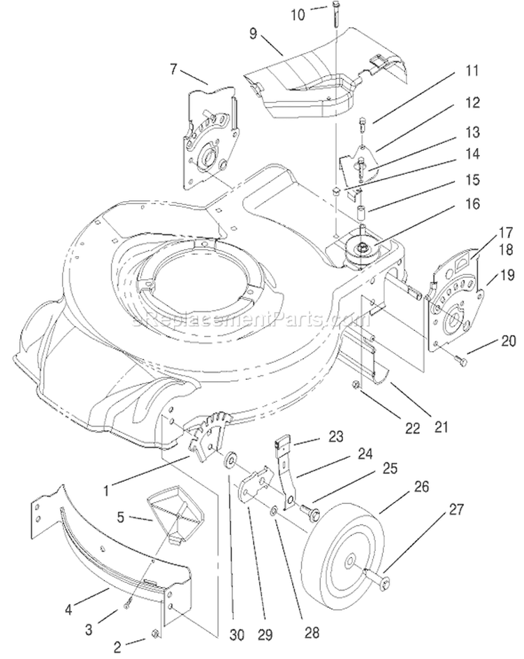 Housing, Handle Brackets and Wheel Assembly Diagram and Parts List for 20653 200000001-200999999 - 2000 Toro Lawn Mower