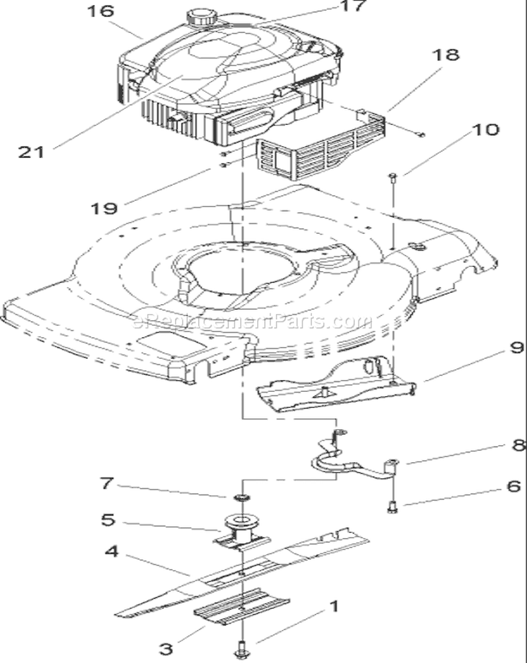 Engine and Blade Assembly Diagram and Parts List for 20655 250000001-250999999 - 2005 Toro Lawn Mower
