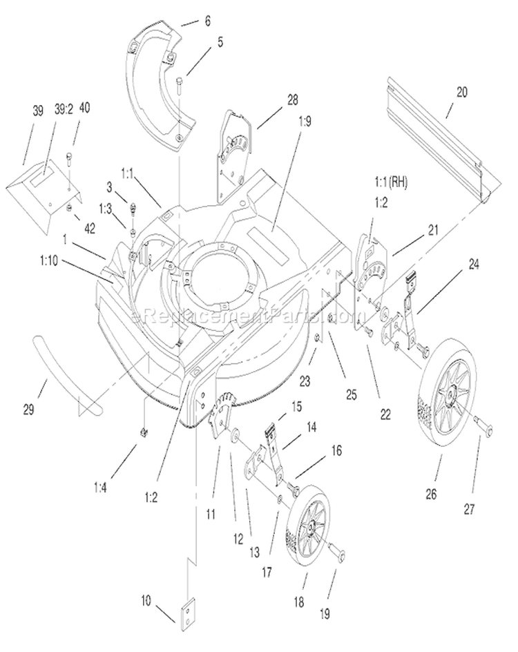 Housing Assembly Diagram and Parts List for 20709 9900001-9999999 - 1999 Toro Lawn Mower