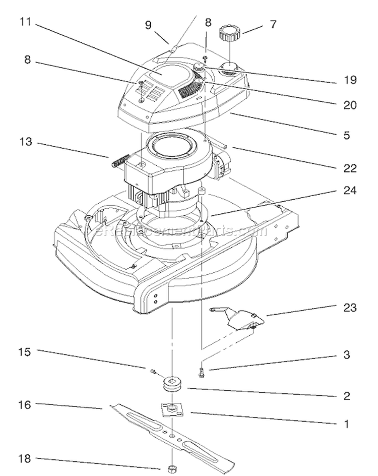 Engine and Blade Assembly Diagram and Parts List for 20711 200000001-200999999 - 2000 Toro Lawn Mower