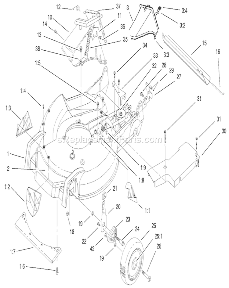 Housing Assembly Diagram and Parts List for 20786 9900001-9999999 - 1999 Toro Lawn Mower