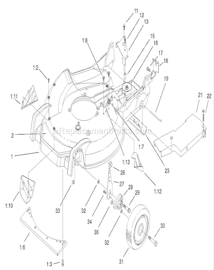 Housing, Handle Bracket and Wheel Assembly Diagram and Parts List for 20789 200000001-200999999 - 2000 Toro Lawn Mower