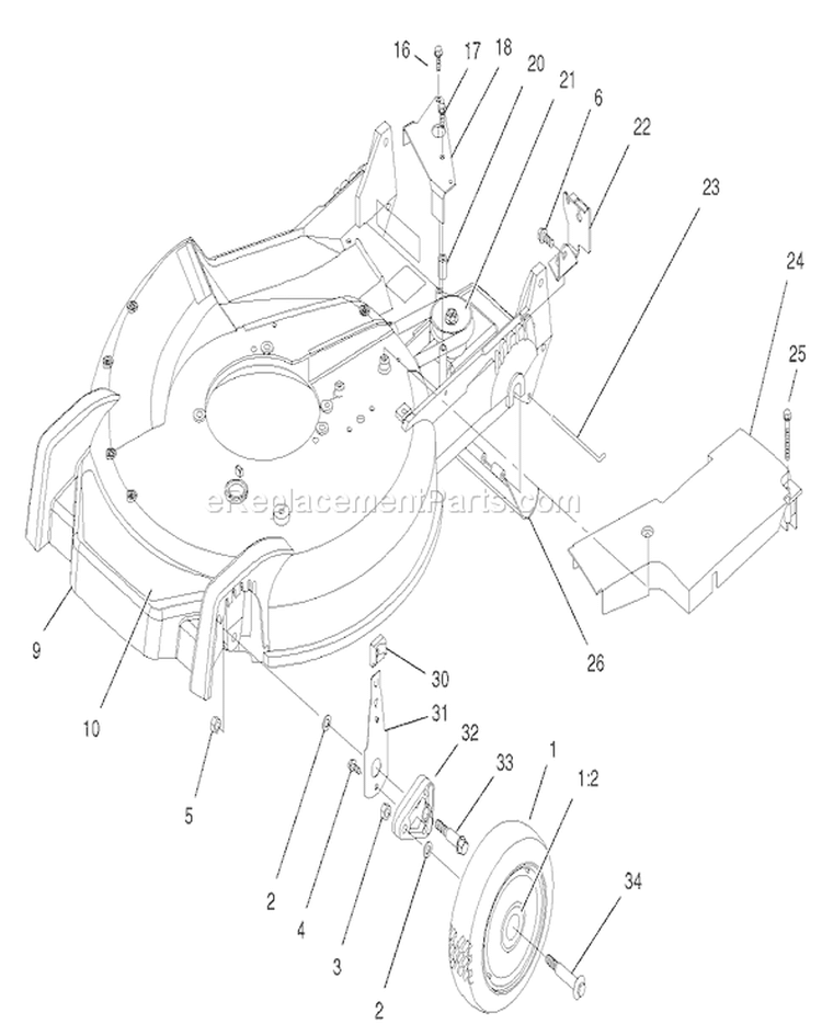 Housing, Handle Bracket and Wheel Assembly Diagram and Parts List for 20791 210000001-210999999 - 2001 Toro Lawn Mower