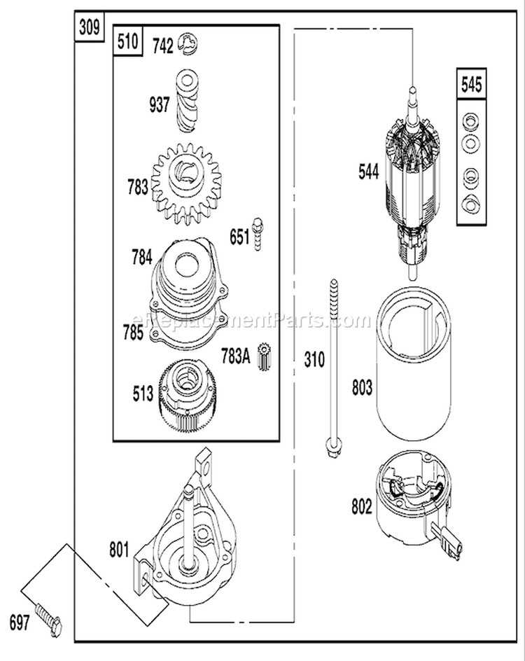 Starter Motor Assembly Diagram and Parts List for 20791 210000001-210999999 - 2001 Toro Lawn Mower