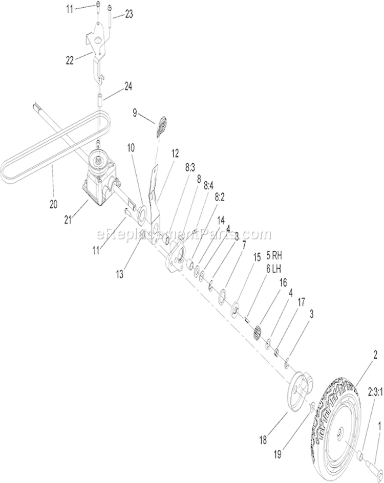 Rear Wheel and Gear Case Assembly Diagram and Parts List for 20792 250000001-250999999 - 2005 Toro Lawn Mower