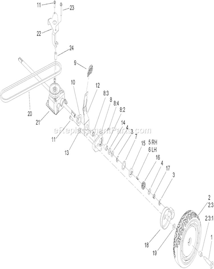 Rear Wheel and Gear Case Assembly Diagram and Parts List for 20795 250000001-250999999 - 2005 Toro Lawn Mower