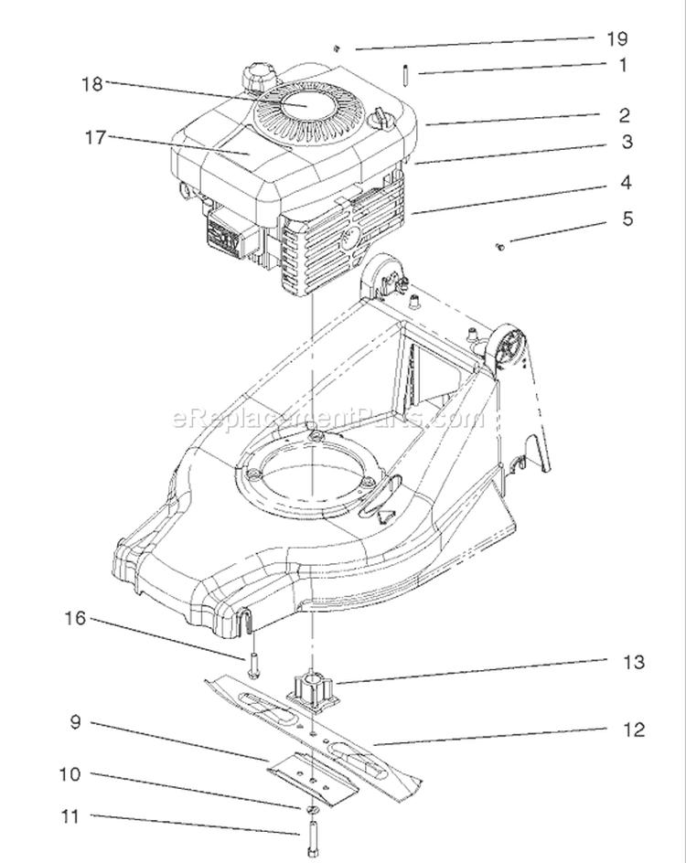 Engine and Blade Assembly Diagram and Parts List for 20816 220000001-220999999 - 2002 Toro Lawn Mower