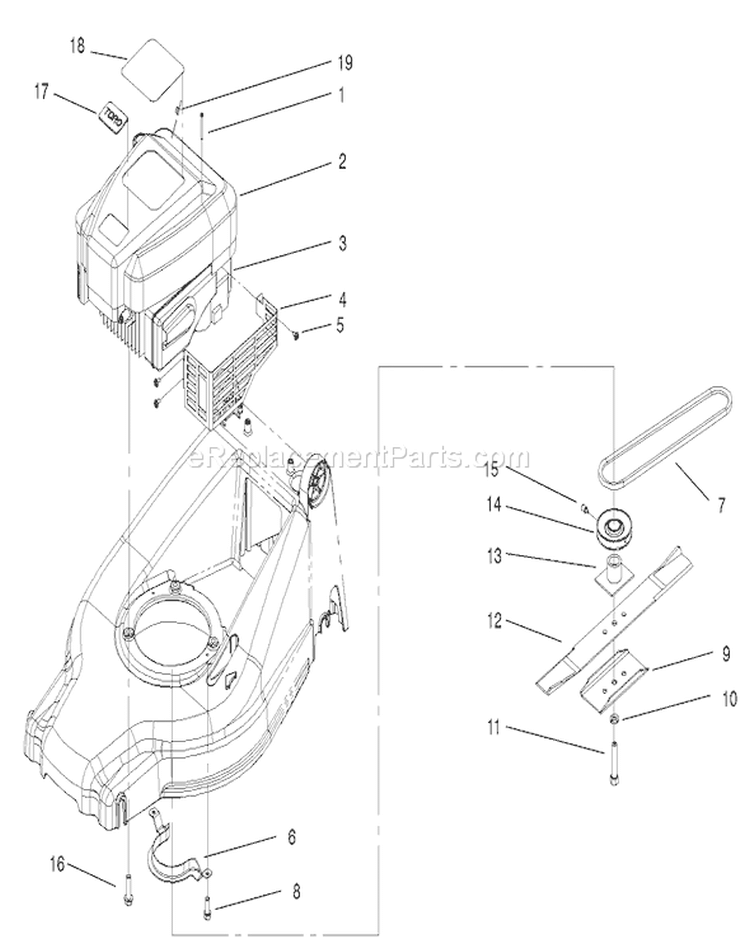 Engine and Blade Assembly Diagram and Parts List for 20817 210000001-210001000 - 2001 Toro Lawn Mower