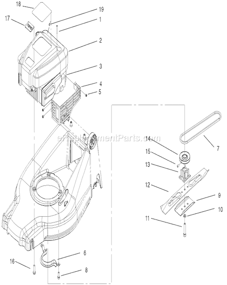 Engine and Blade Assembly Diagram and Parts List for 20817 210001001-210999999 - 2001 Toro Lawn Mower