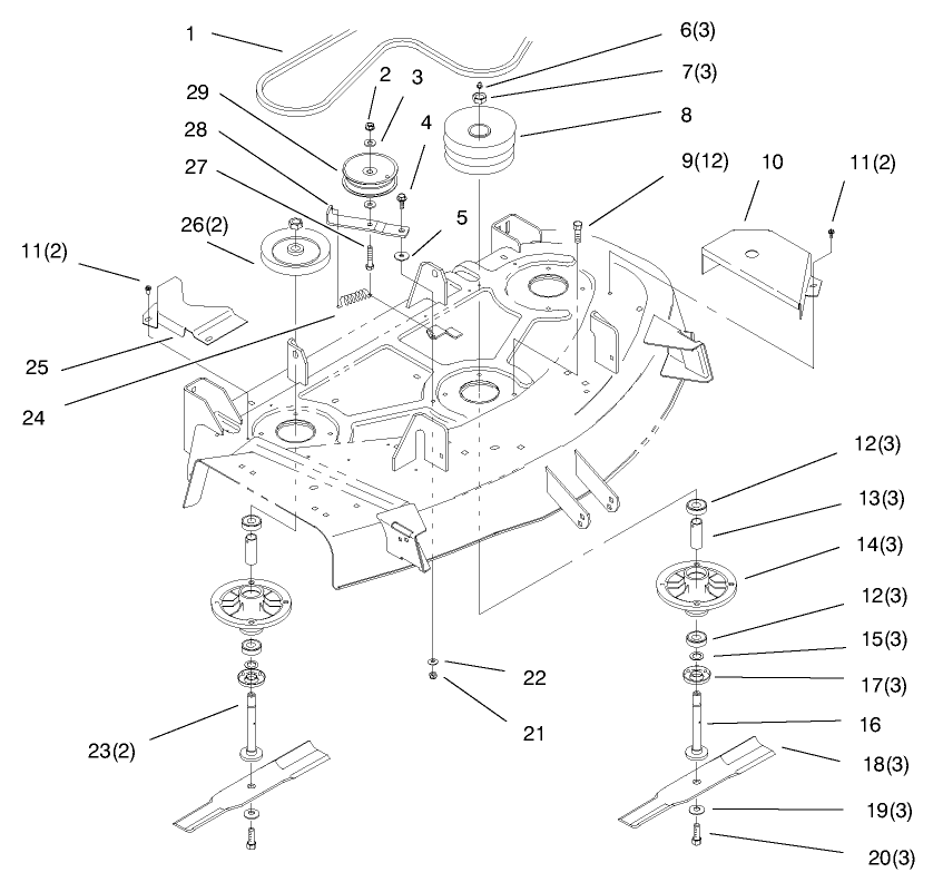 Spindle And Blade Assembly Diagram and Parts List for 78358 8900001 - 8999999 Toro Lawn Mower