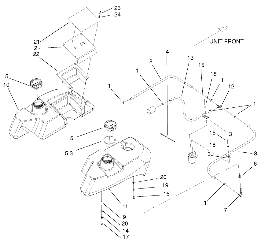 Tank And Fuel Line Assembly Diagram and Parts List for 74228 (210000001-210999999)(2001) Toro Lawn Mower