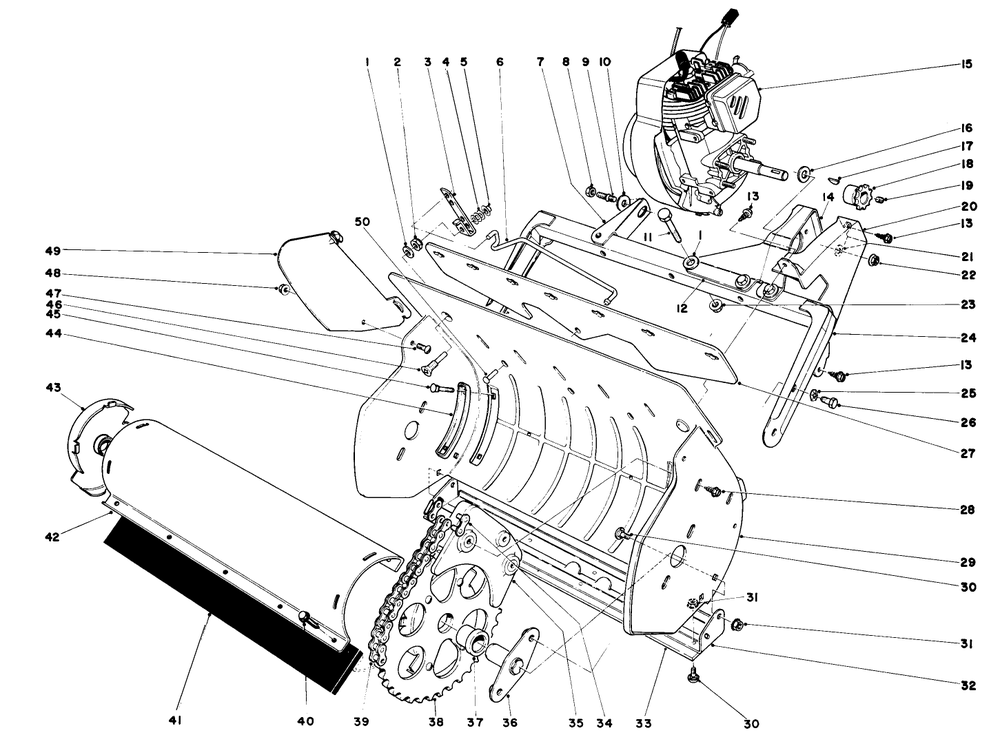 Lower Main Frame Diagram and Parts List for 38100 0500000 - 0999999 Toro Snow Blower