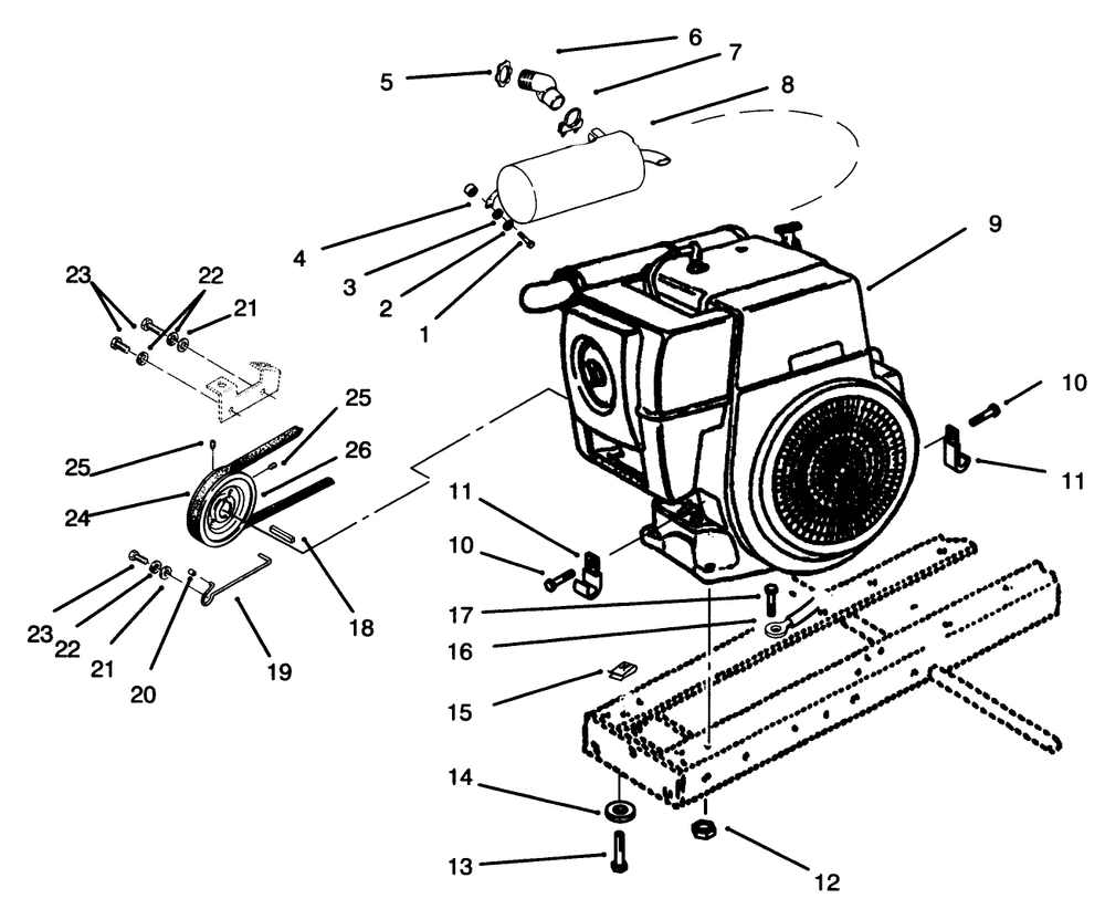 Engine, Muffler, Pulley & Drive Belt Diagram and Parts List for 73401 5901261 - 5999999 Toro Lawn Tractor