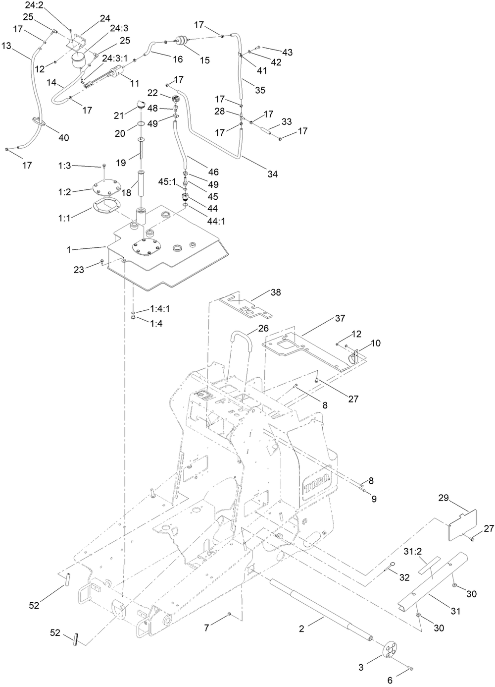 Hydraulic Tank And Track Shaft Assembly Diagram and Parts List for 22328 408963400 - 409588175 Toro Lawn Tractor Accessories