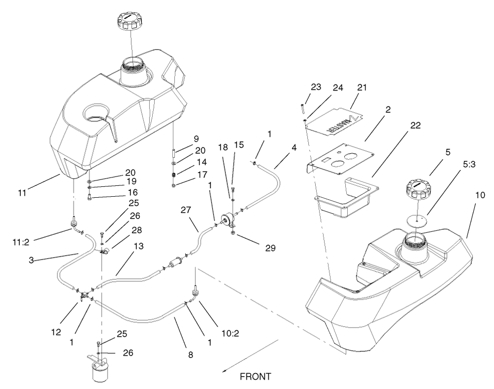 Tank And Fuel Line Assembly Diagram and Parts List for 74213 (220000001-220999999)(2002) Toro Lawn Mower