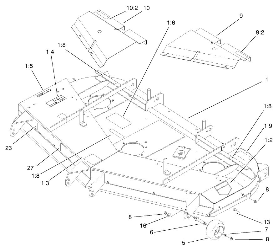 Deck, Deflector And Roller Assembly Diagram and Parts List for 74209 (0000001-0000999)(2000) Toro Lawn Mower