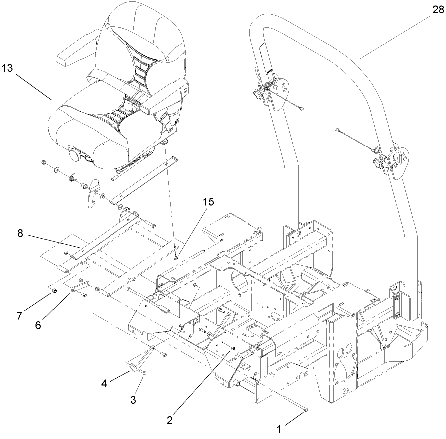 Seat And Roll-Over Protection System Assembly Diagram and Parts List for 74268TE (250000001-250999999)(2005) Toro Lawn Mower