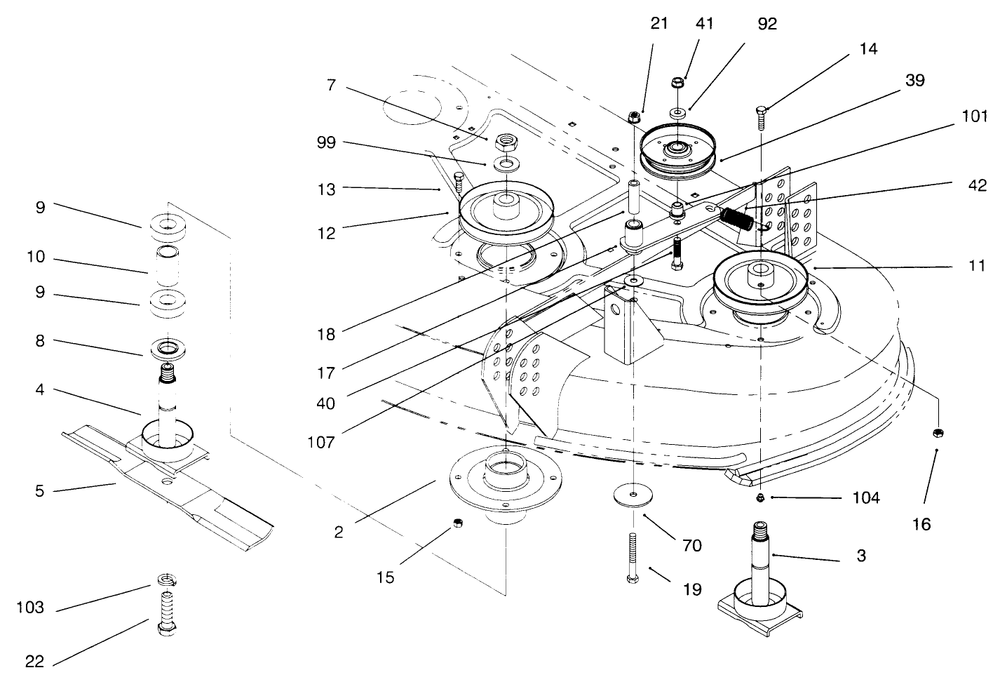 Blades, Spindles, Drive & Idler Pulleys Diagram and Parts List for 30146 690001 - 699999 Toro Lawn Mower