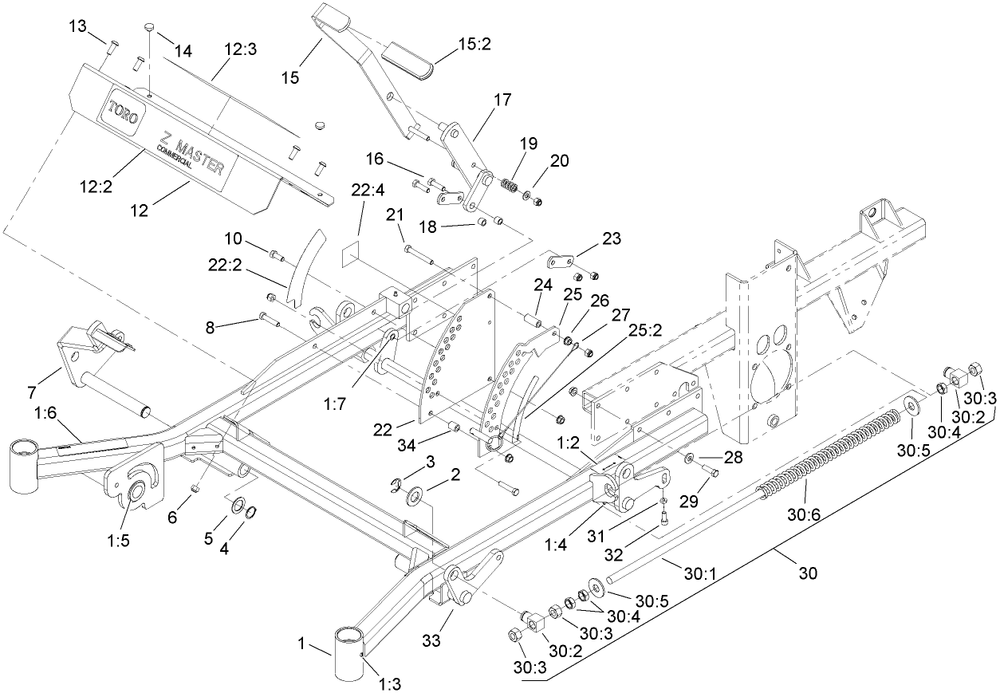 Front Frame Assembly Diagram and Parts List for 74281TE (270000001-270000300)(2007) Toro Lawn Tractor