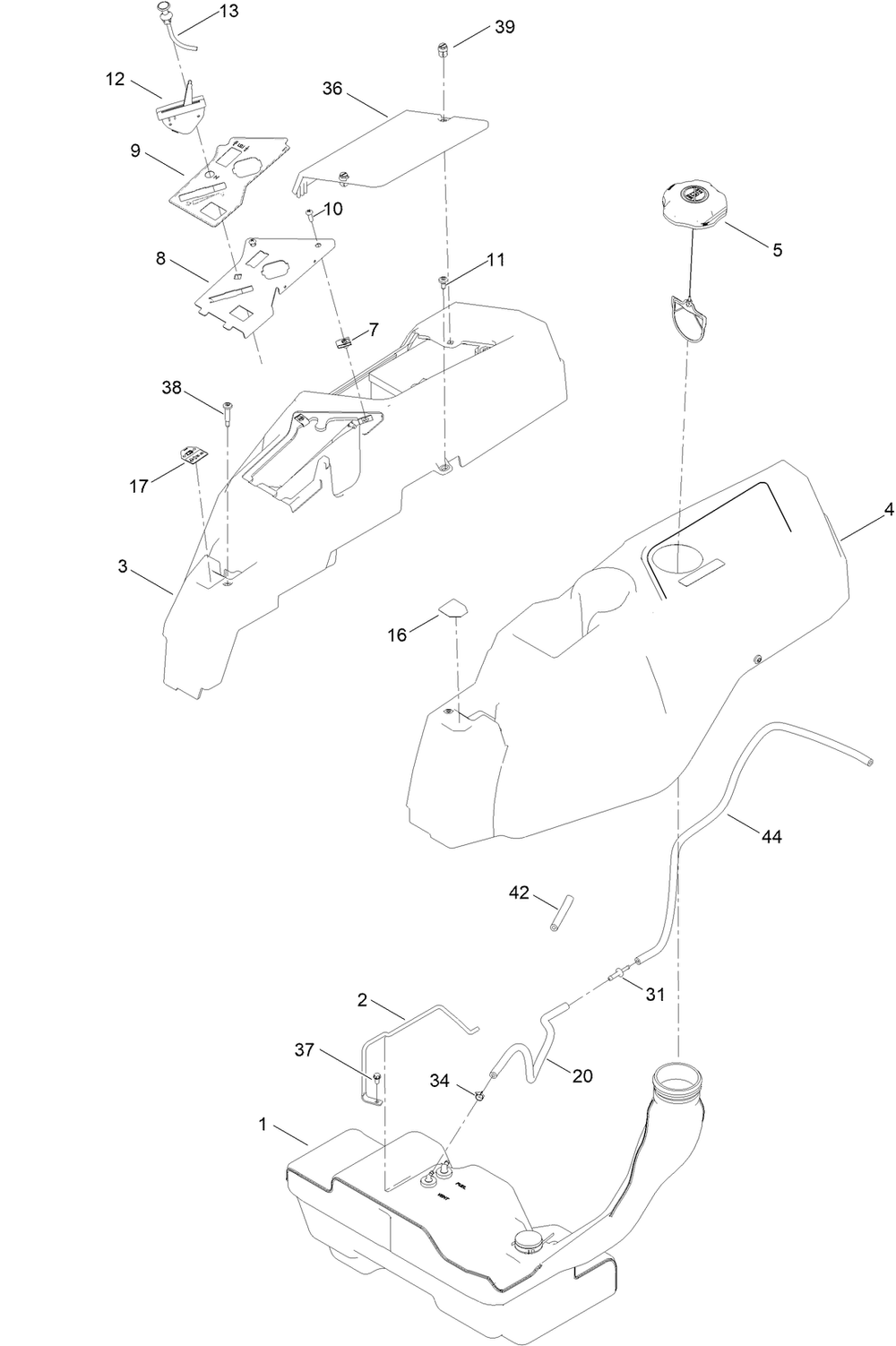 Body Styling And Fuel Pod Assembly Diagram and Parts List for 75305 409440000 - 411456237 Toro Lawn Tractor