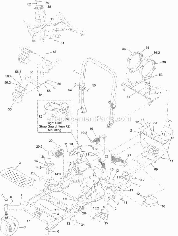 Main Frame Assembly Diagram and Parts List for 74979 313000001-313999999 Toro Lawn Mower