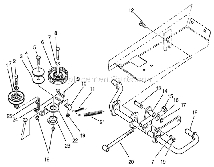 Idler And Pedal Shaft Assembly Diagram and Parts List for 22-14O502 2000001-2999999 - 1992 Toro Lawn Tractor