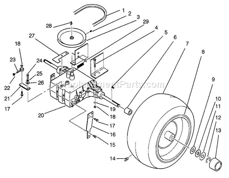 Rear Wheel And Transmission Assembly Diagram and Parts List for 22-14O502 2000001-2999999 - 1992 Toro Lawn Tractor