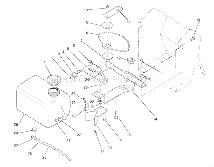 Fuel Tank And Steering Bracket Assembly Diagram and Parts List for 22-14OE01 1000001-1999999 - 1991 Toro Lawn Tractor