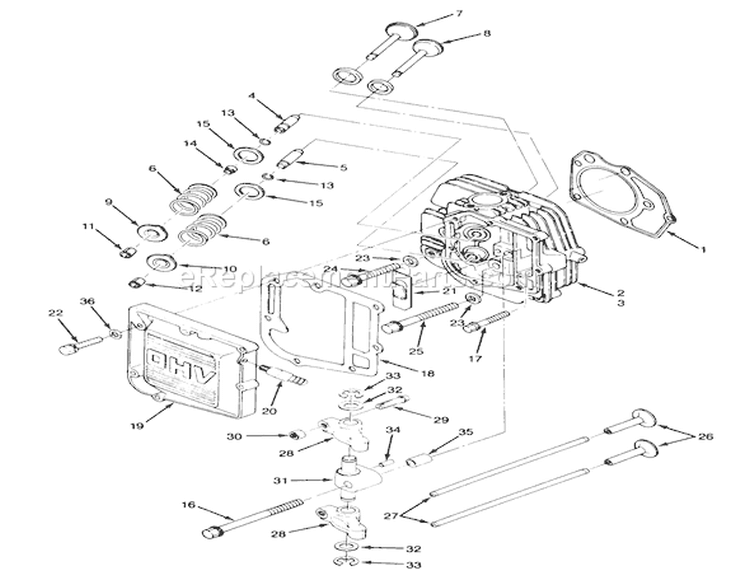 14hp Engine Cylinder Head & Valves Assembly Diagram and Parts List for 22-14OE01 1000001-1999999 - 1991 Toro Lawn Tractor