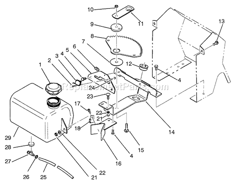 Fuel Tank And Steering Bracket Assembly Diagram and Parts List for 22-14OE02 2000001-2999999 - 1992 Toro Lawn Tractor