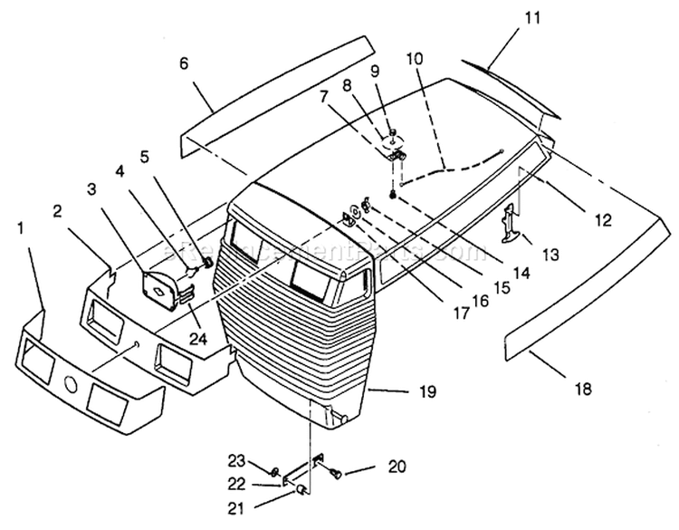 Hood Assembly Diagram and Parts List for 22-14OE02 2000001-2999999 - 1992 Toro Lawn Tractor