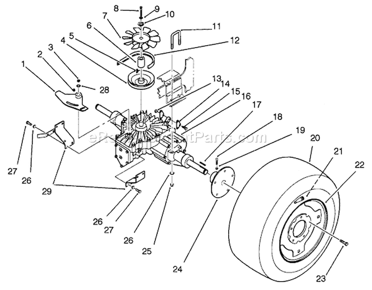 Rear Wheel And Transmission Assembly Diagram and Parts List for 22-14OE02 2000001-2999999 - 1992 Toro Lawn Tractor
