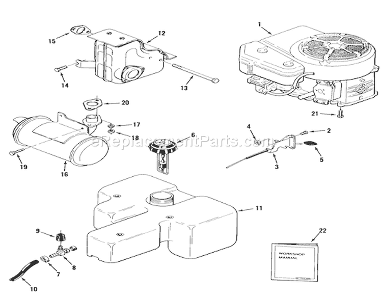 Engine, Fuel & Exhaust Systems Diagram and Parts List for 22-17KE01 1988 Toro Lawn Tractor