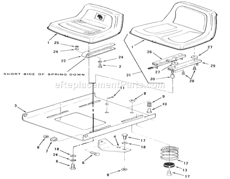 Seat And Suspension Diagram and Parts List for 22-13KE01 1988 Toro Lawn Tractor