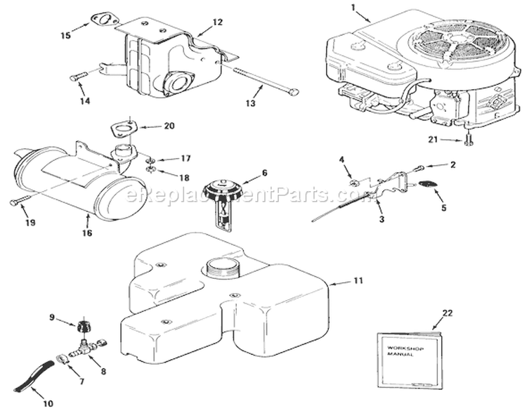 Engine, Fuel & Exhaust Systems Diagram and Parts List for 22-17KE02 1989 Toro Lawn Tractor
