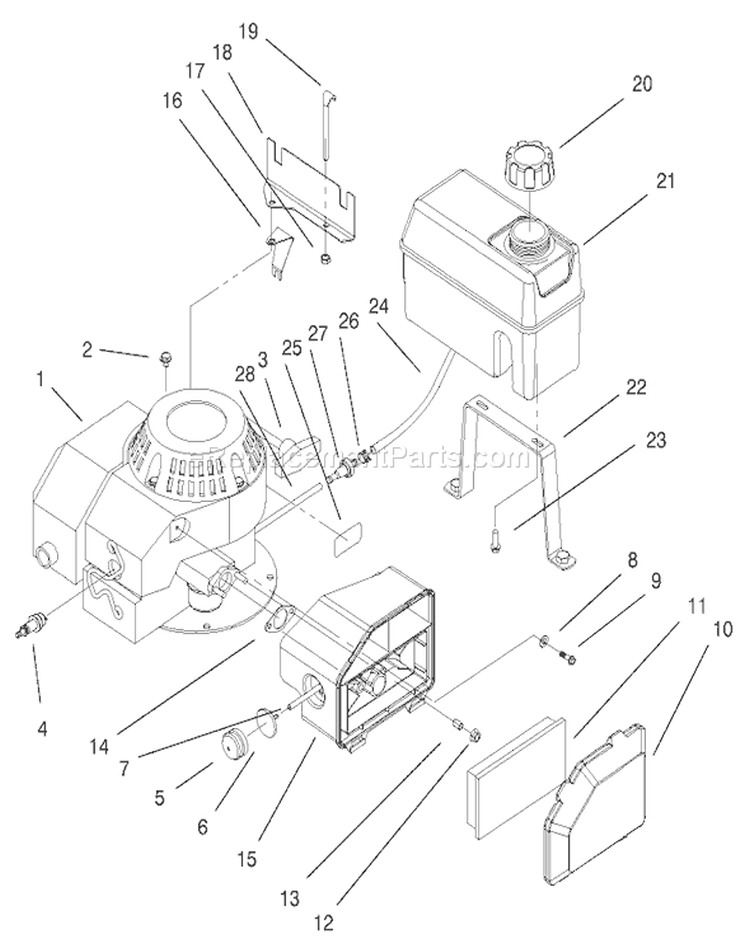 Engine and Fuel Tank Assembly Diagram and Parts List for 22043 200000001-200999999 - 2000 Toro Lawn Mower